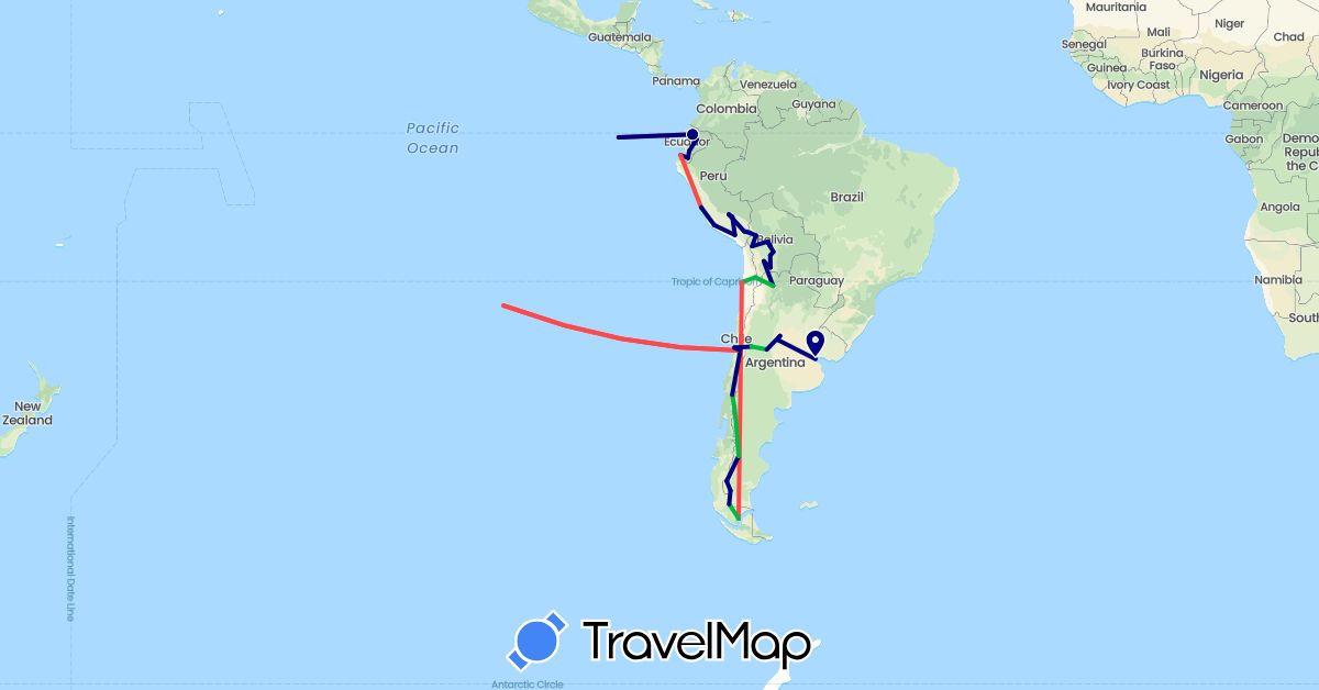 TravelMap itinerary: driving, bus, hiking in Argentina, Bolivia, Chile, Ecuador, Peru (South America)